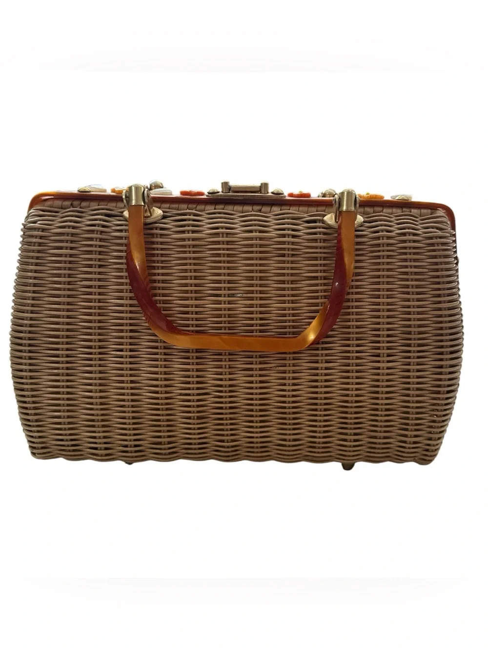 Tropica 50’s 60’s lucite woven wicker floral embellished satchel coastal granny